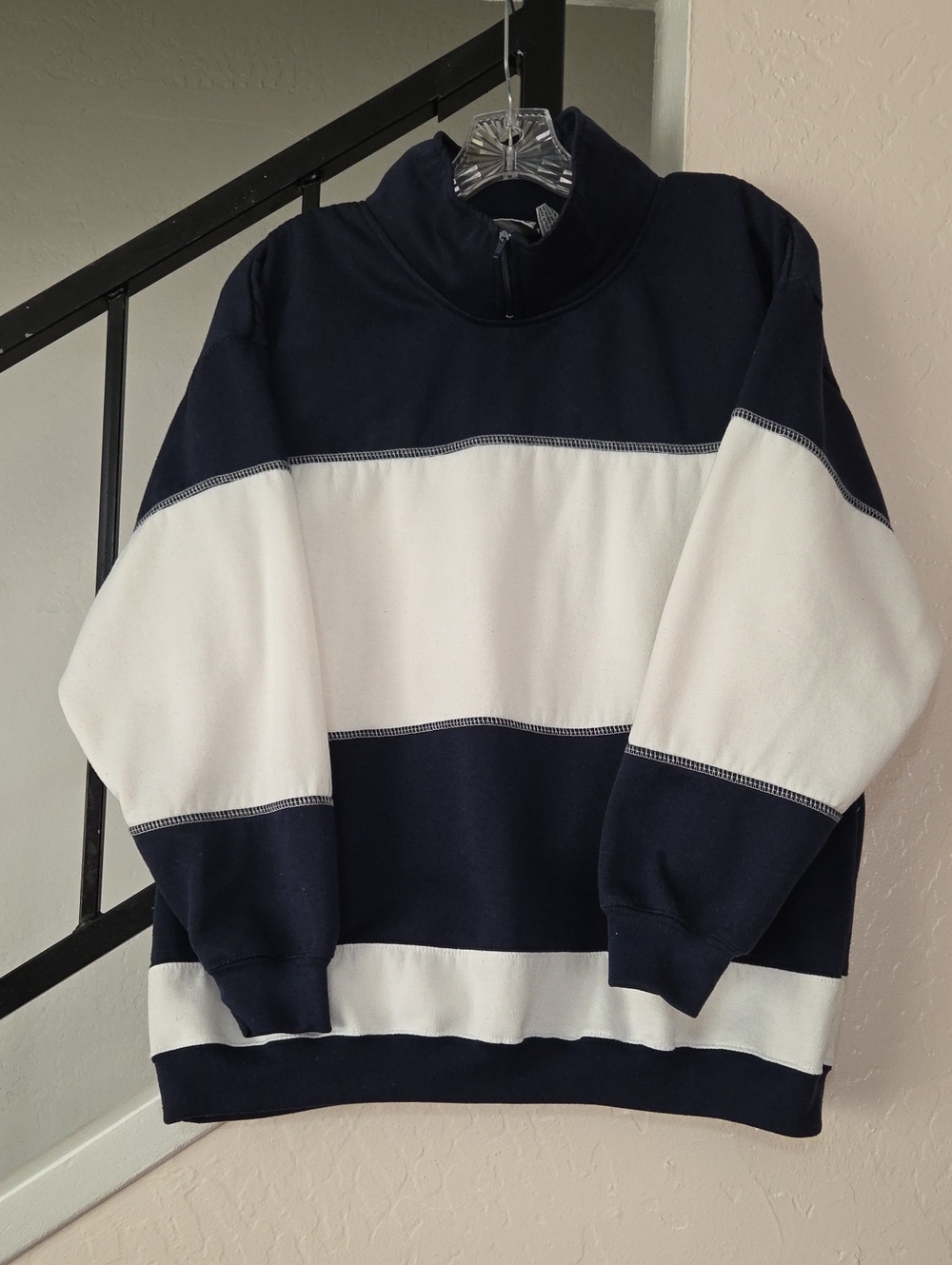 Men's Navy & White Zip Neck Panel Sweatshirt Size M